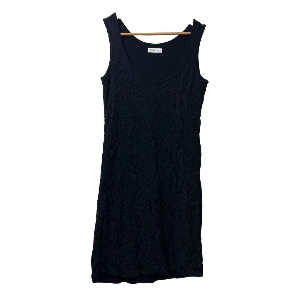 Calvin Klein Size Small P Black Stretch Lace Sheath Dress Mini Knit Y2K Retro